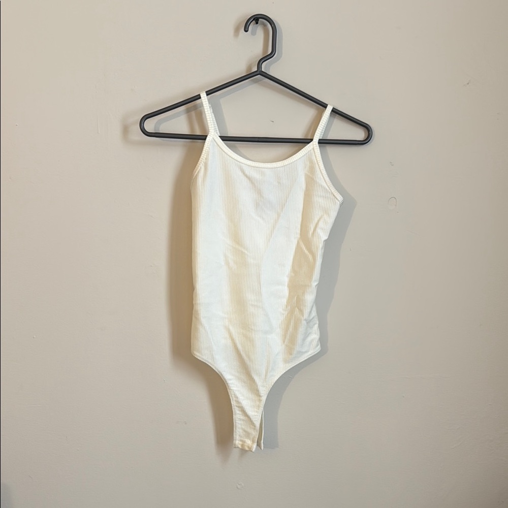 Cream Bodysuit with Textured Fabric and Spaghetti Straps